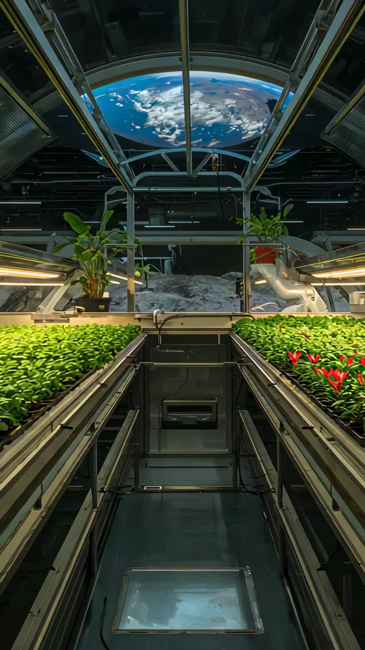 Vertical video: Pushing cam forward in module, tilting up past racks revealing Earth globe to show