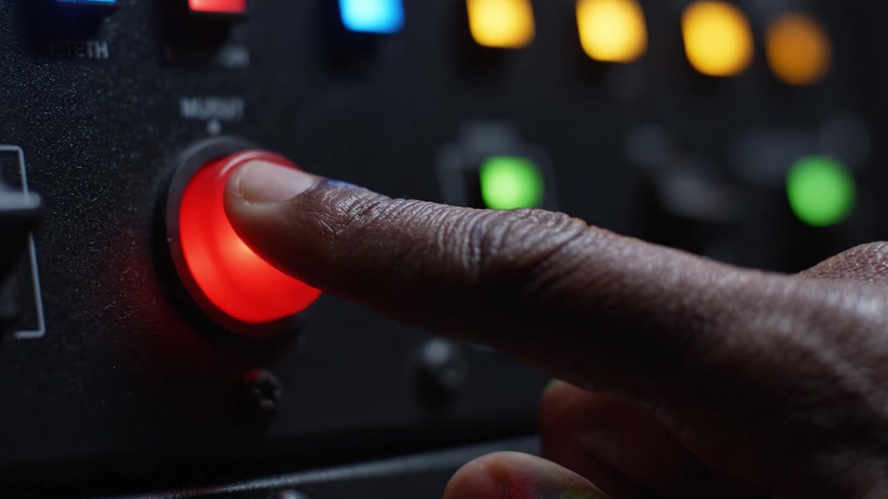 Close-Up of Illuminated Control Panel with Colorful Indicator Lights and a Prominent Red Button, Signifying Active Status and Control Within an Electronic System
