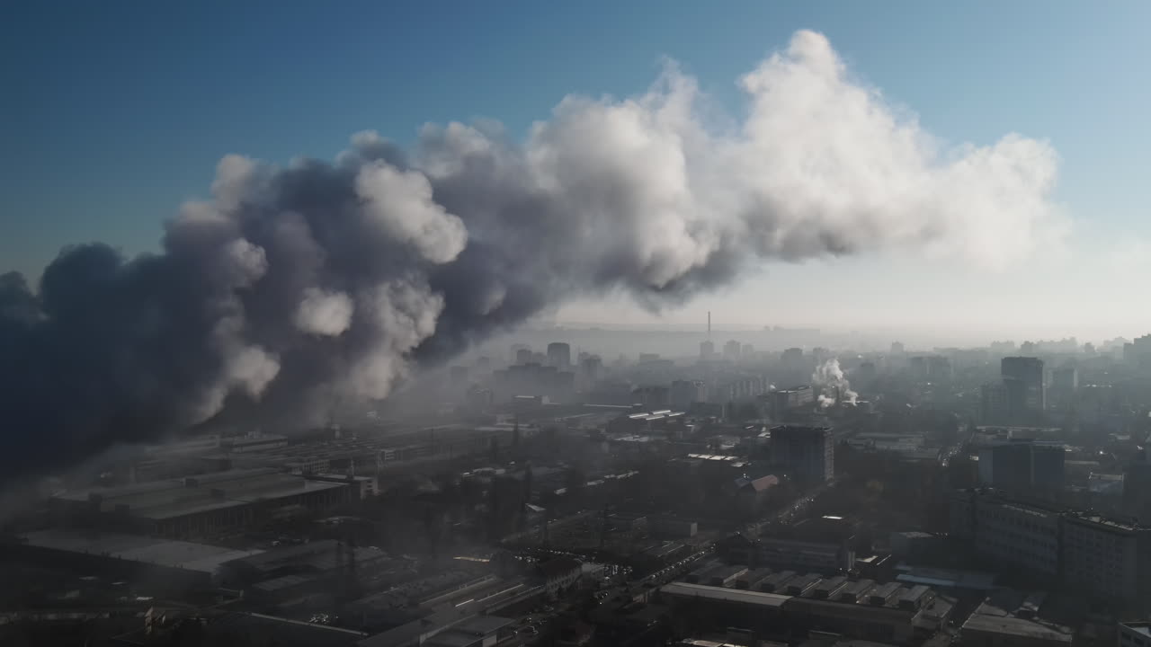Aerial drone view of industrial smoke coming from pipe factory tube. City pollution idea