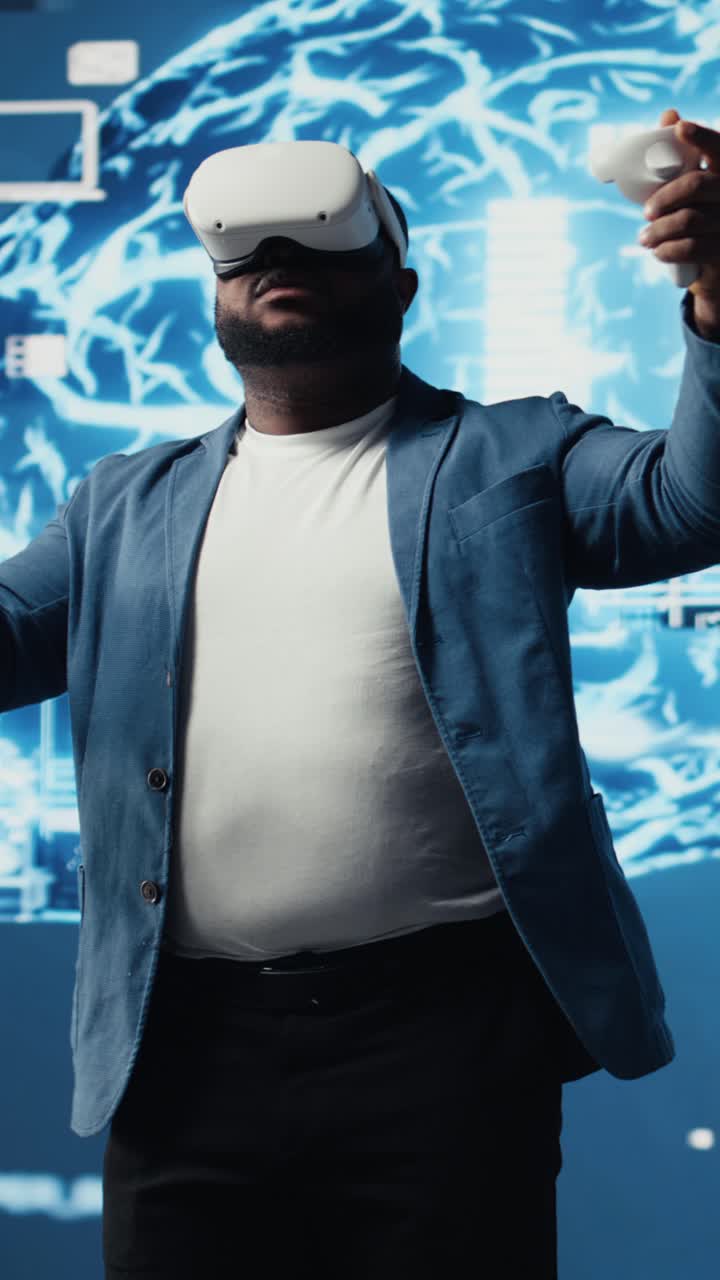 Vertical Video African American engineer working on machine learning with virtual reality tools