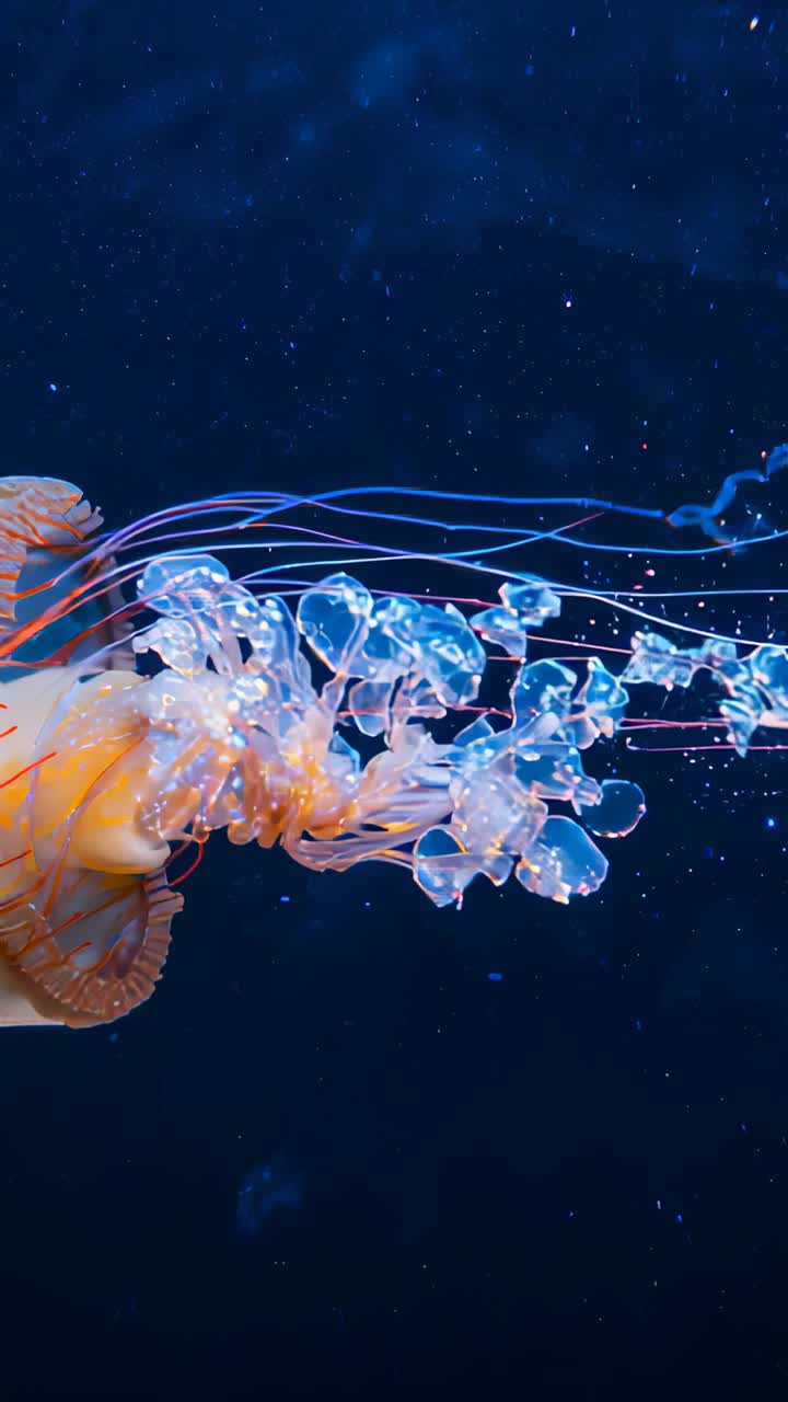Vertical video: Drifting jellyfish flowing tentacles and oral arms across dark sea, copy space