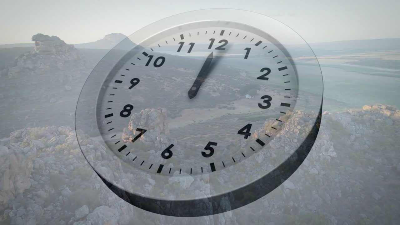 Translucent clock fading in over coastline, hands accelerating clockwise, visualizing elapsed time
