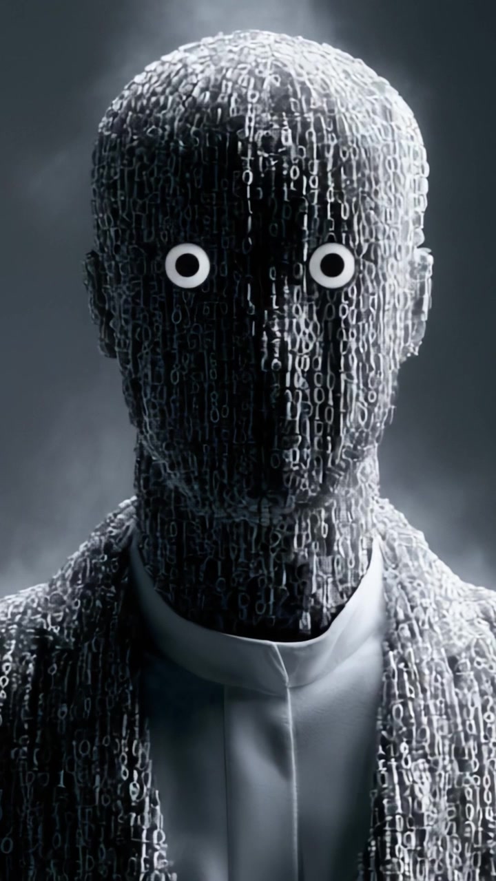 En futuristisk repræsentation af kunstig intelligens med binære kodemønstre, der danner en mystisk menneskelignende figur i en mørk atmosfære