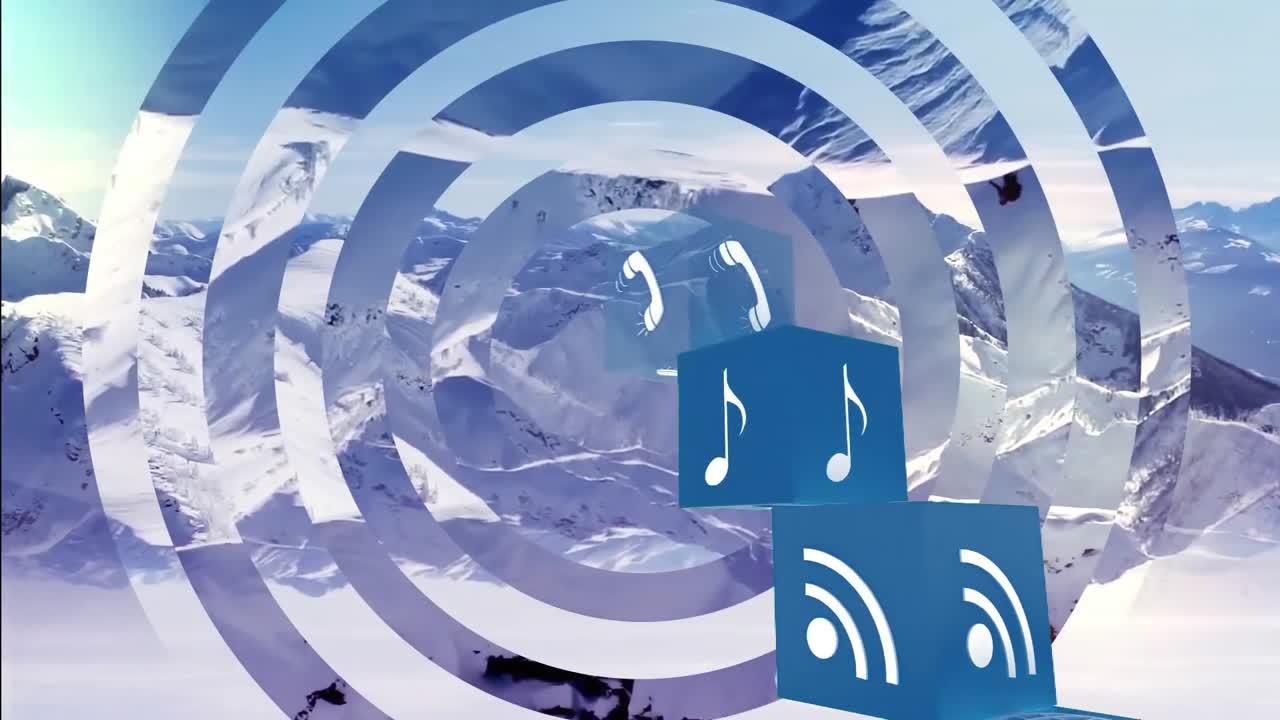 Animazione di icone digitali che fluttuano su un paesaggio invernale