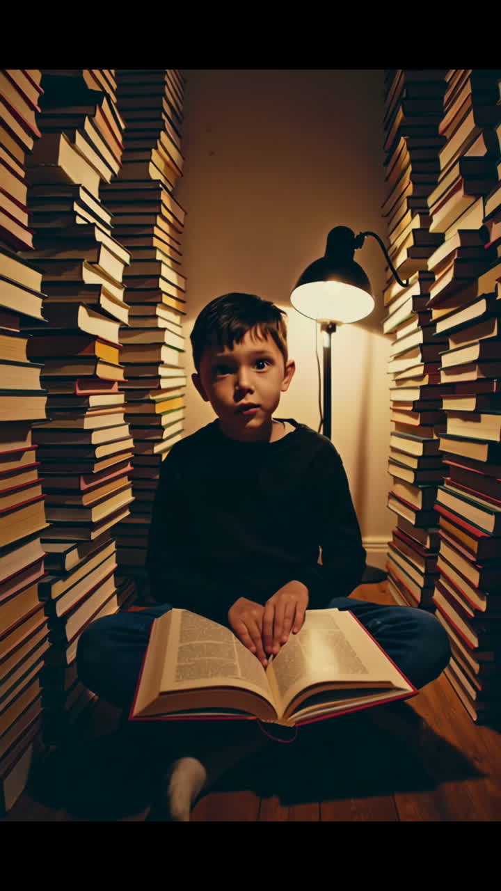 Boy Reading in a Home Library