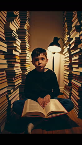 boy reading in a home library