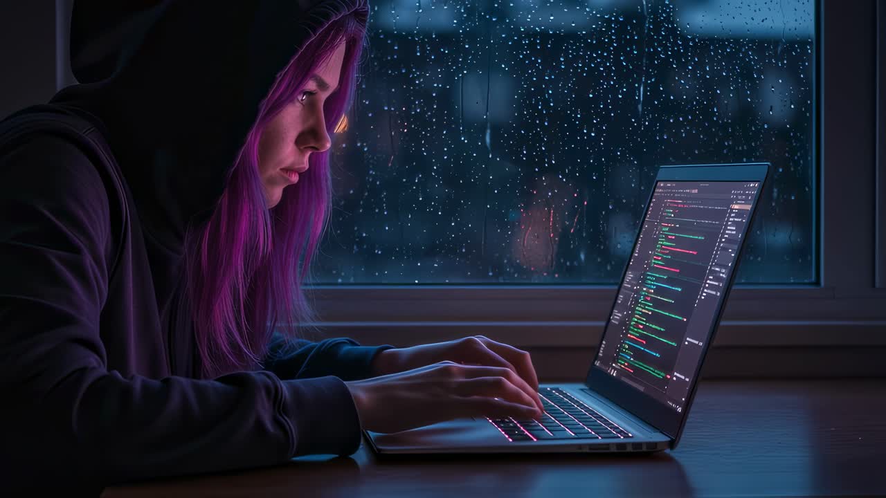 A young woman is focused on coding at her laptop, fully engrossed in her work, as a gentle rain falls outside during the evening hours