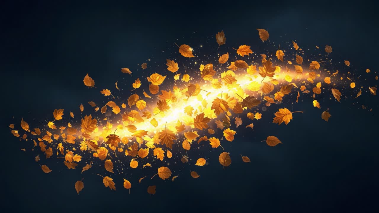 A Dynamic Display of Golden Autumn Leaves in Motion, Capturing the Essence of Fall with Their Vibrant Colors and Sparkling Effects Against a Dark Background