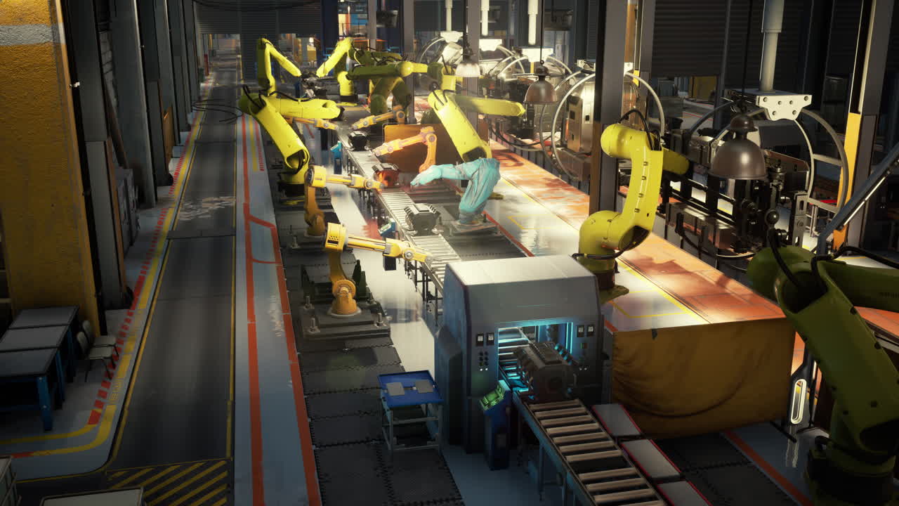 A factory with robotic arms on an assembly line