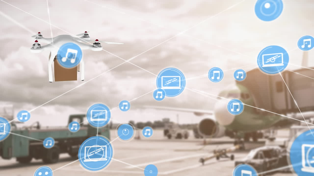 공항에서 패키지를 운반하는 비행 드론에 대한 디지털 아이콘 네트워크의 애니메이션