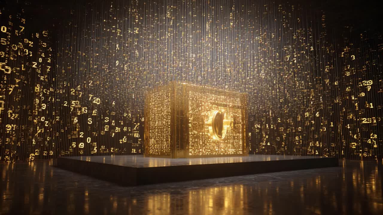 Golden data streams and binary code downloading into a futuristic quantum computer cpu, symbolizing information technology, big data processing, and advanced digital innovation concepts