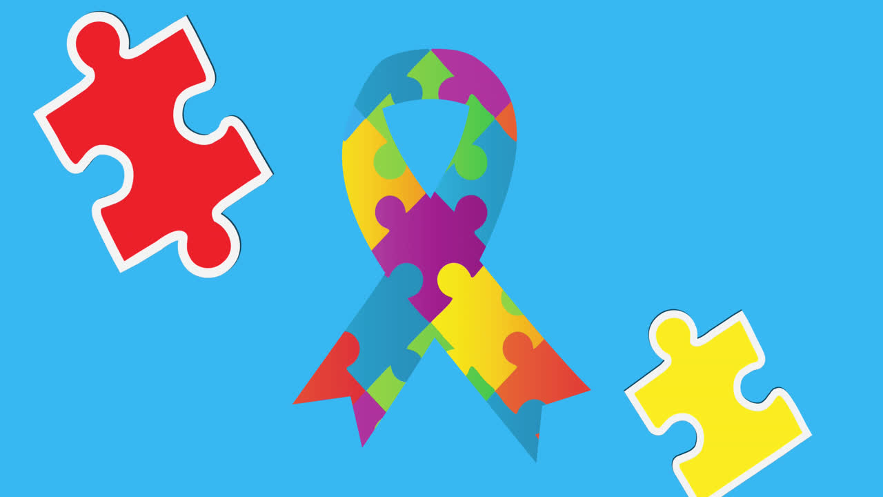 Animazione di puzzle che cadono su un nastro formato da puzzle su sfondo blu