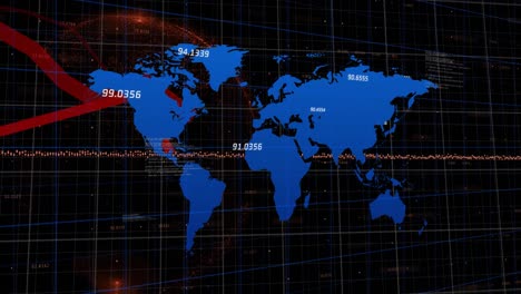 Animation-of-statistical-data-processing-over-world-map-and-spinning-globe-against-black-background