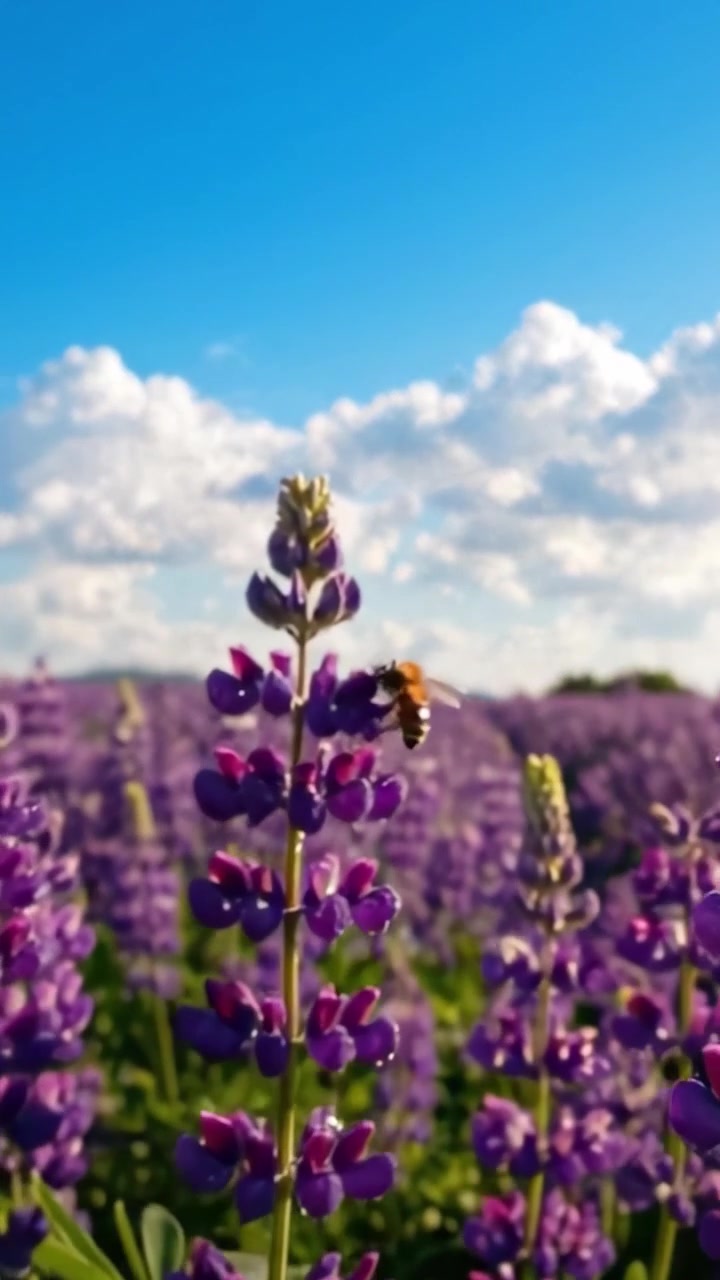 Un paesaggio sereno di lupini viola sotto un cielo azzurro brillante con nuvole soffici: un'esperienza tranquilla nell'abbraccio della natura.