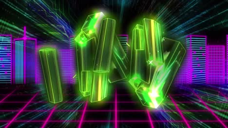 Video-of-green-glowing-metallic-blocks-over-neon-pattern