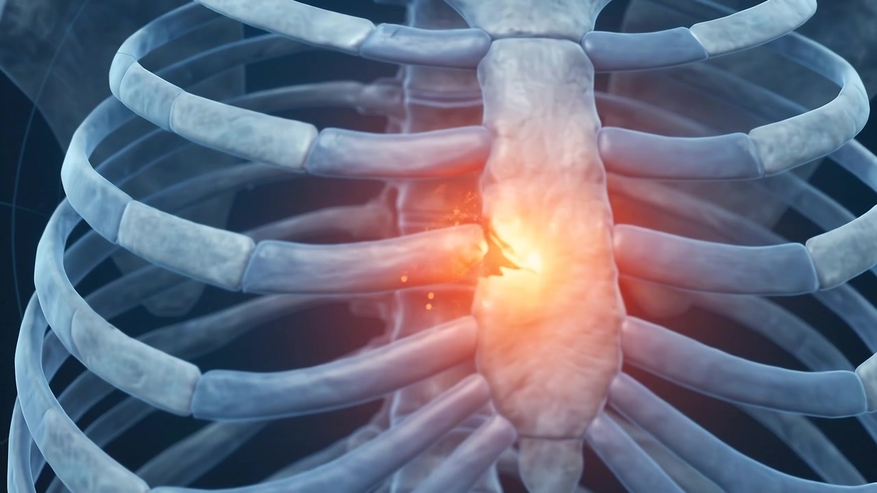Animazione medica 3D della gabbia toracica umana con dolore al petto