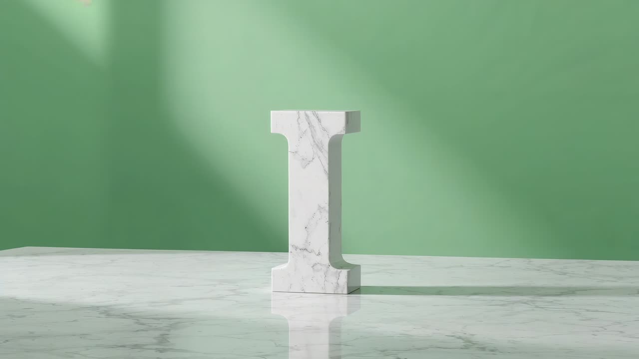 Shifting sunbeam casting moving shadow of marble letter I across polished surface, green wall