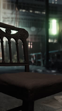 vintage wooden chair on a city street at night