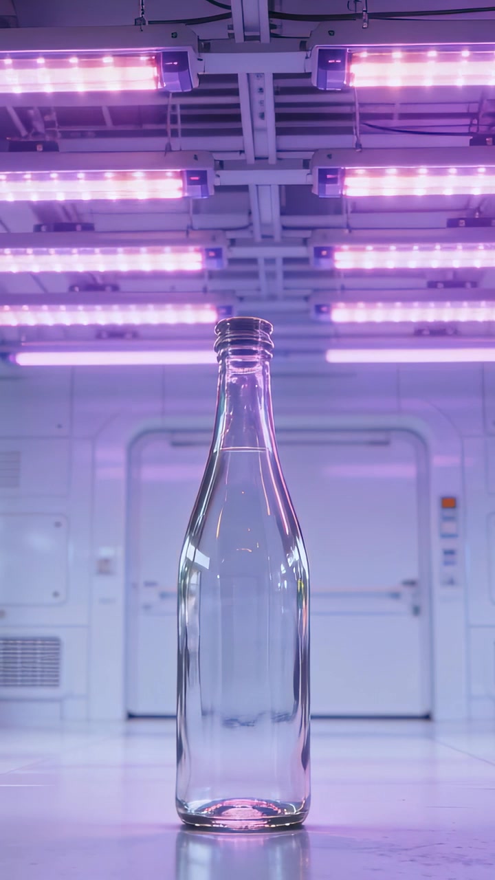 Pystysuuntainen video: Sykkivät LED-valot valaisevat pulloa laboratoriossa heijastaen vaaleanpunaista hehkua, kamera nousee näyttäen muodon.