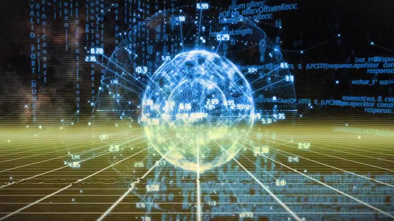 Glowing grid receding triggers holographic sphere emerging and rotating visualizing data streams