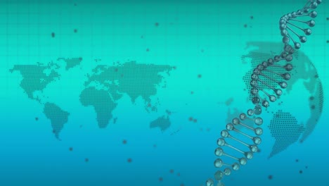 Animación-Del-Adn-Sobre-El-Globo-Terráqueo-Y-El-Mapa-Mundial-Sobre-Fondo-Verde-Y-Azul