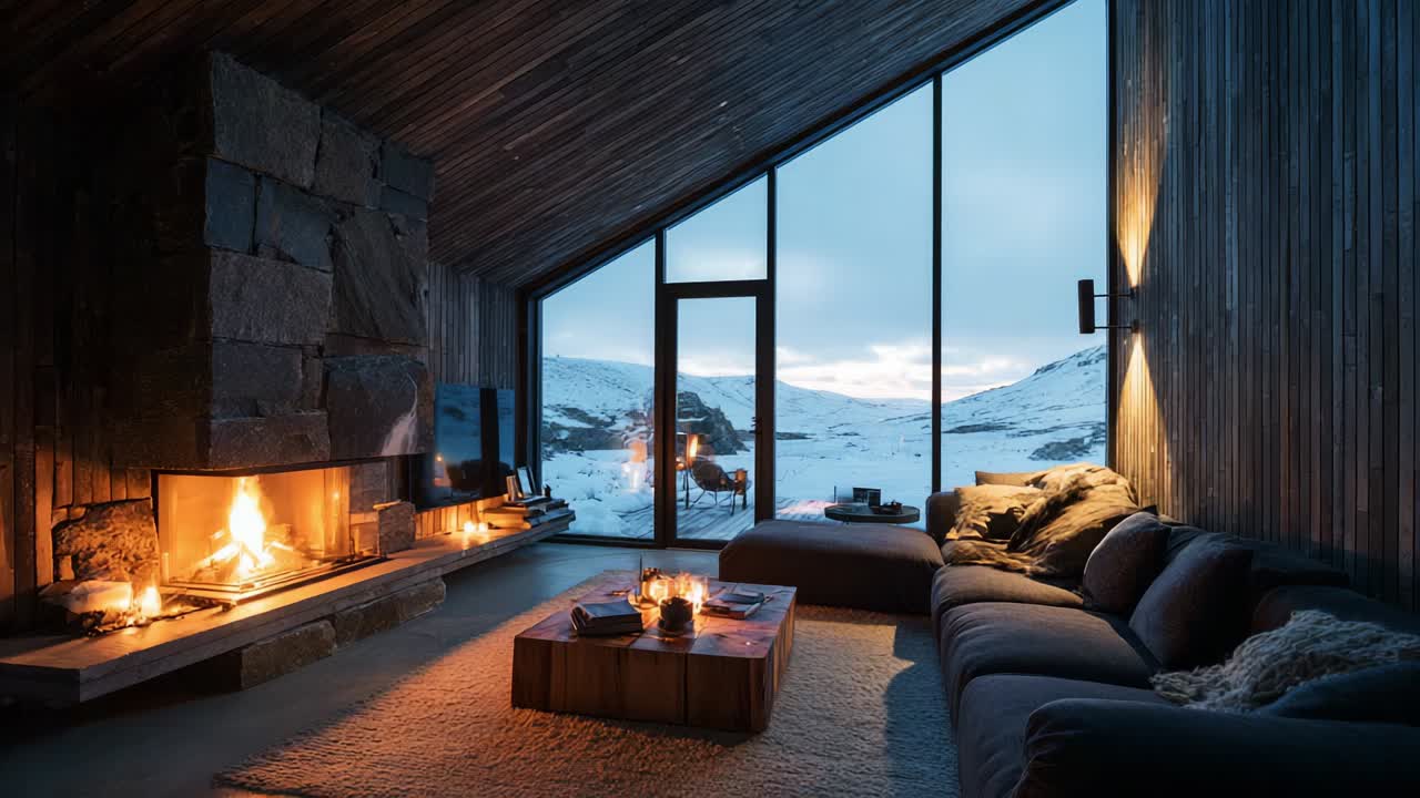 Un soggiorno accogliente e moderno con un invitante caminetto che si affaccia su un paesaggio invernale, creando un'atmosfera calda in contrasto con il freddo scenario esterno, perfetto per il relax e il comfort