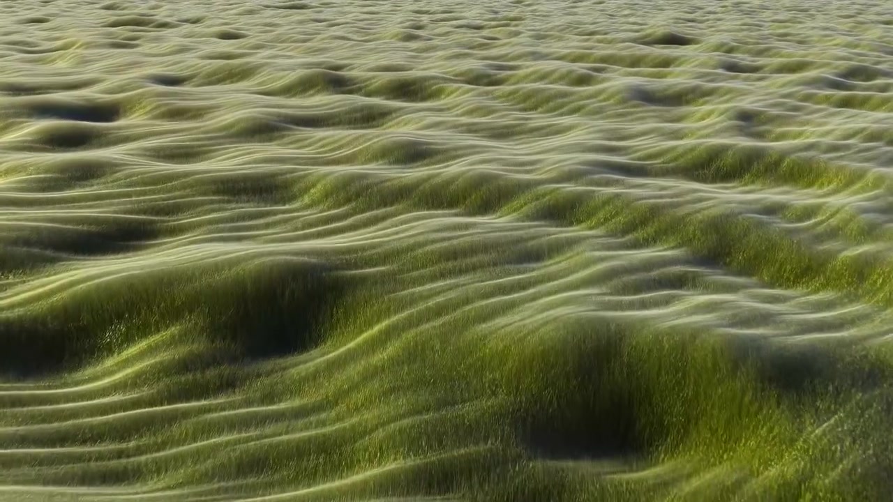 Rolling Green Meadow With Undulating Grass, Drone Gliding Low Over Prairie, Soft Breeze Rippling Blades,