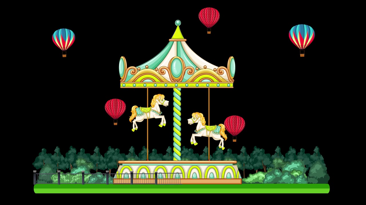 Animated Carousel with Horses and Hot Air Balloons in a Park