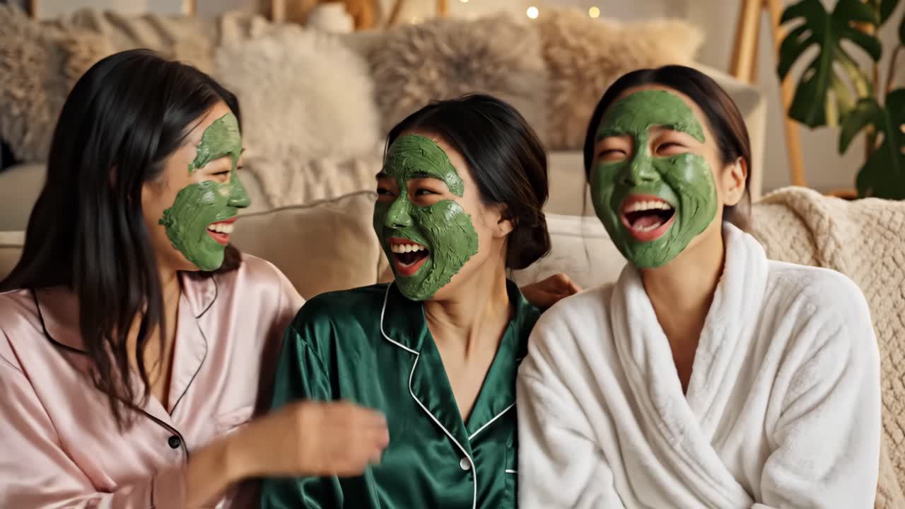 Friends enjoying a skincare night with face masks