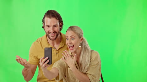 Video-call,-couple-and-news-of-engagement-on-green