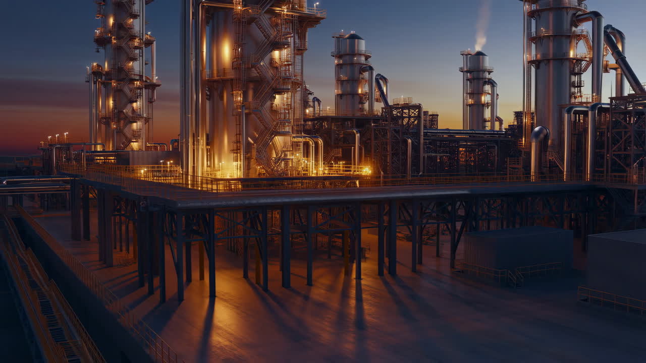 Industrial Plant at Dusk with Illuminated Structures