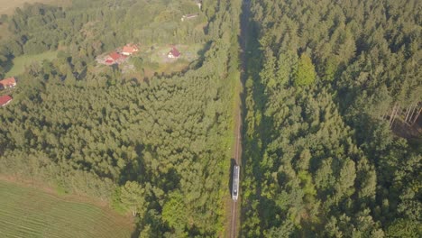 "railway crossing: aerial views of train on bridge in the forest