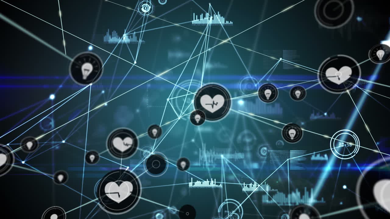 검은색 배경에 아이콘을 가진 연결 네트워크의 애니메이션