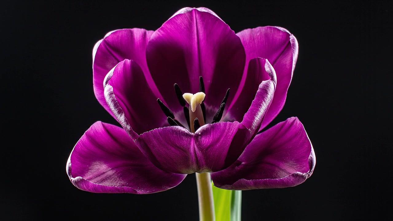 Dramatic Close-up of a Vibrant Purple Tulip Against Black Background