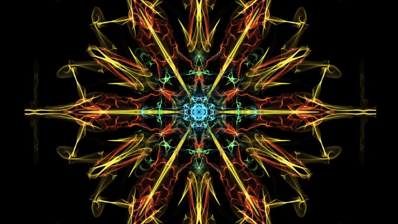 Beautiful mandala multicolored fractal, symmetric patterns in circle, red, yellow, orange, blue, green rays on black background
