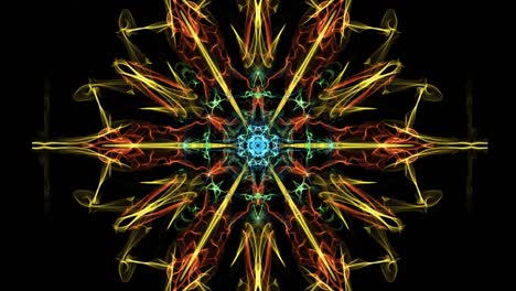 beautiful mandala multicolored fractal, symmetric patterns in circle, red, yellow, orange, blue, green rays on black background