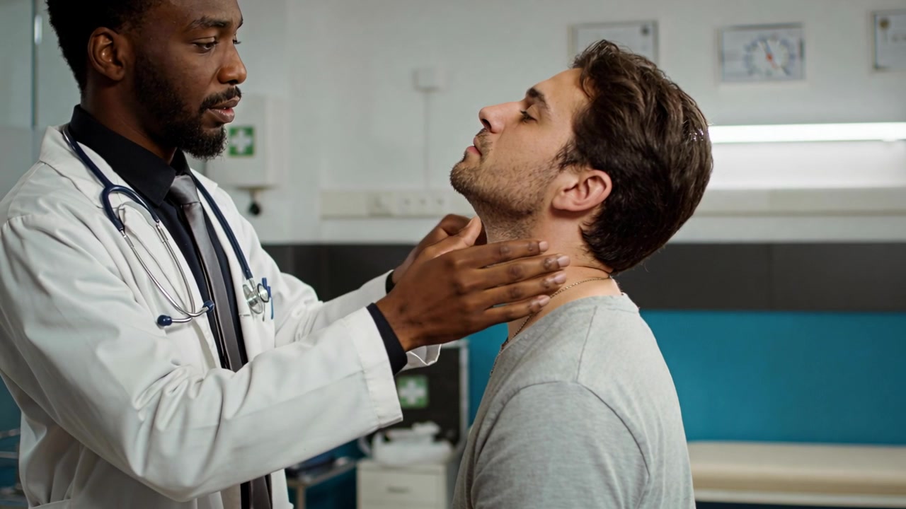 Medico in camice bianco che palpa il collo in clinica dopo aver inclinato il mento per cercare noduli, con lo stetoscopio.
