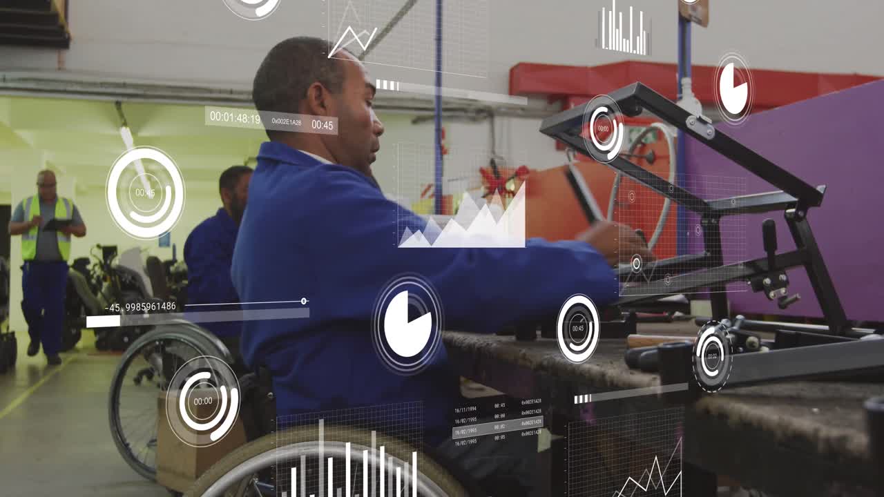 Animation of loading bars and graphs over diverse coworkers making equipment on table in garage