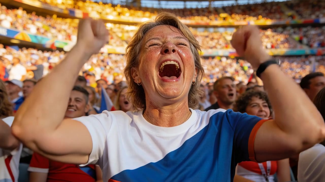Mujer reaccionando a un marcador, levantando los brazos y gritando en un estadio, vistiendo una camiseta del equipo y agitando pequeñas banderas.