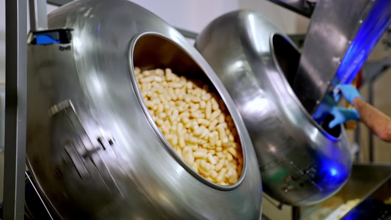 Rotating metal tank full of yellow corn sticks. Other tank is filled with corn snacks from a metal nozzle at backdrop.