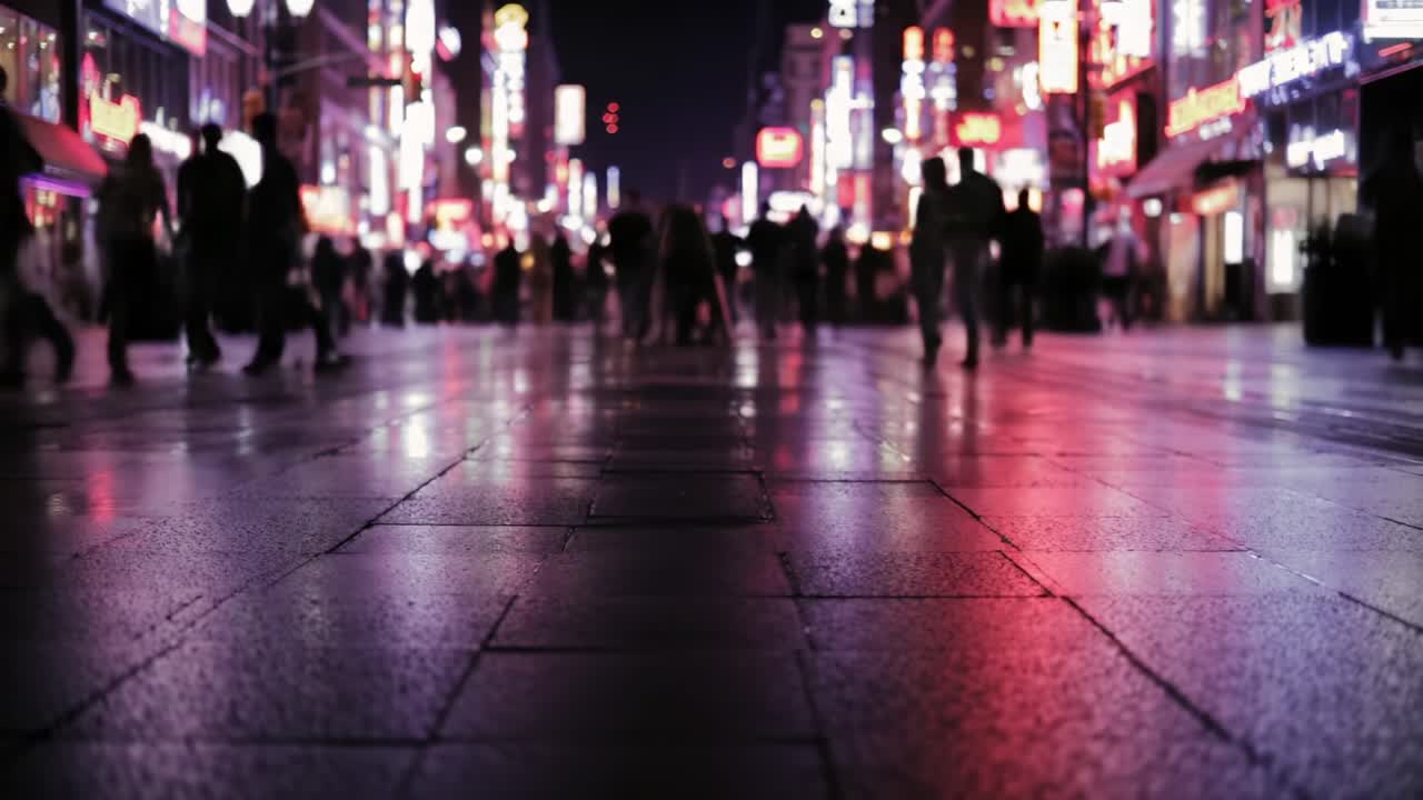 Busy urban street at night, illuminated by vibrant neon lights, filled with shadows of pedestrians and reflections on the wet pavement, creating a lively city atmosphere