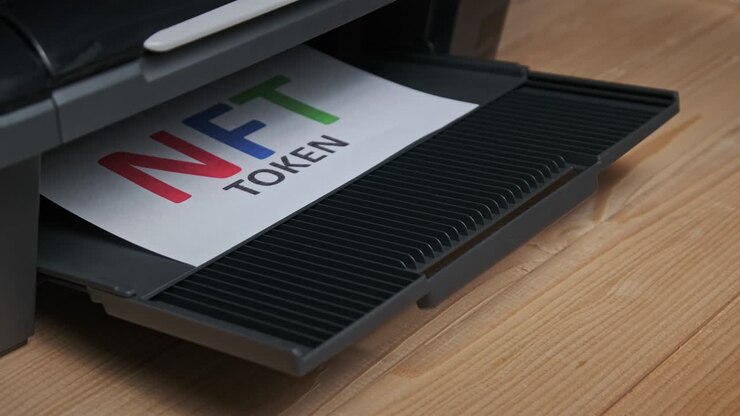 NFT Token Printing, Inscription on White Sheet of Paper Printed by a Jet Printer