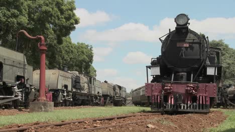 old rusting steam trains sit in a railway yard