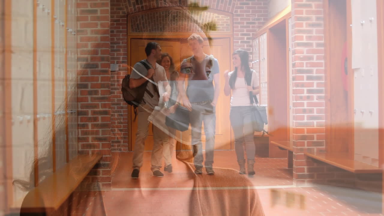 복도 에서  ⁇ 고 있는 대학생 들 을 반대 하는 얼굴 마스크 를 입은 여자