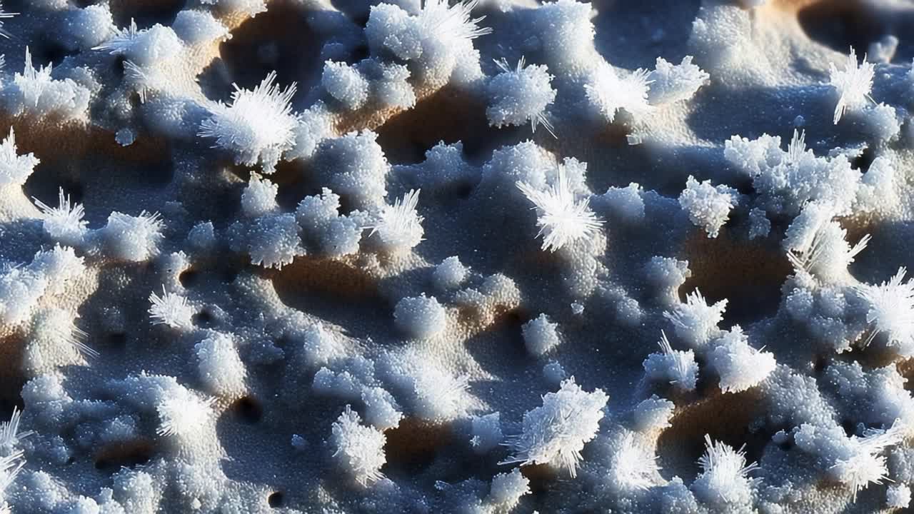 Intricate Microstructures of Frost Crystals on a Surface Captured in Stunning Detail, Displaying a Beautiful Contrast of Color and Texture Between Blue and White Hues