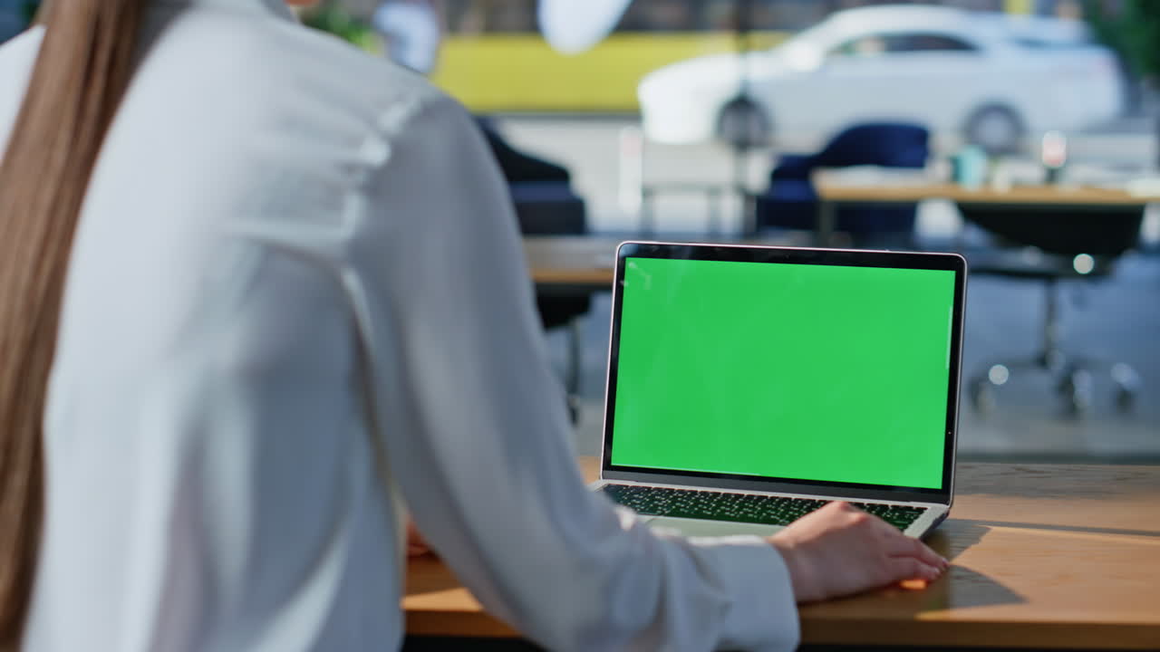Business manager working greenscreen laptop sitting office open space closeup