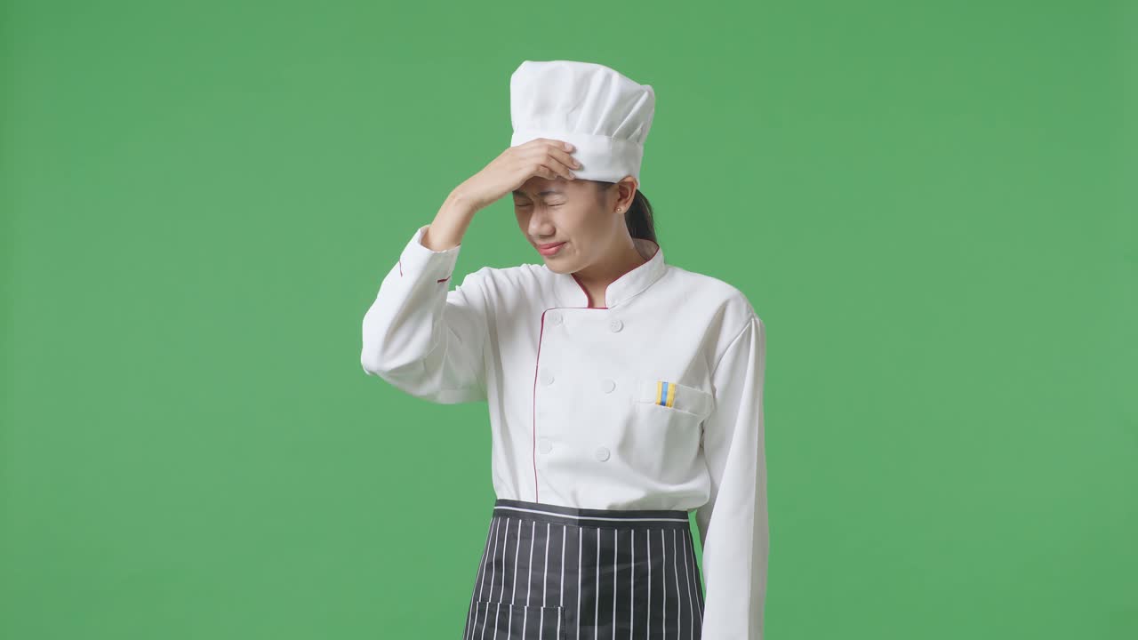 Asian Woman Chef Having A Headache While Standing In The Green Screen Background Studio