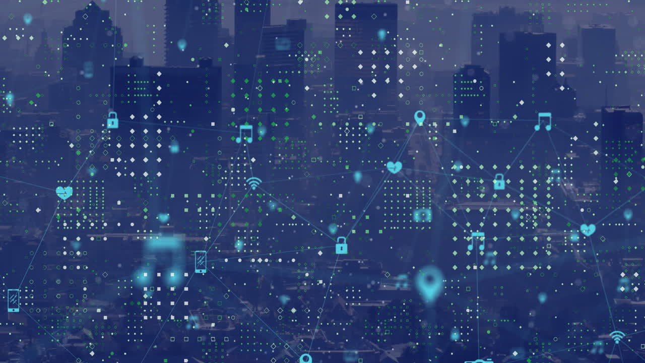 디지털 아이콘과 점 패턴의 네트워크의 애니메이션 도시 풍경의 공중 전망에 대해