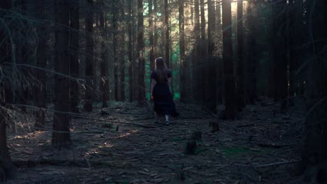 Toma-Trasera-De-Una-Niña-Caminando-Por-Un-Sendero-Rural-De-Madera-En-El-Corazón-Del-Bosque-Verde.