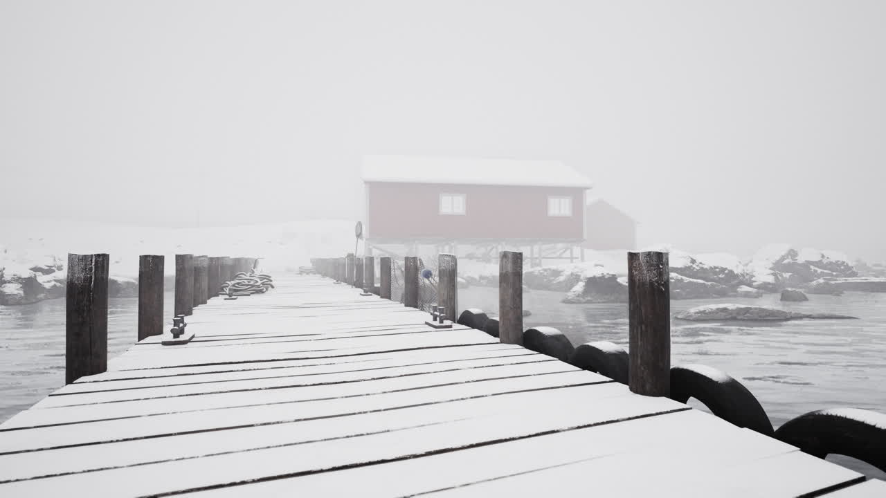 Snowy dock with red house on old wooden pier in norwegian sea